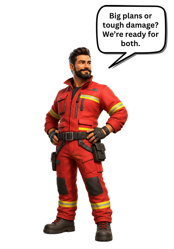 Fireman Restoration mascot saying Big plans or tough damage? We're ready for both.